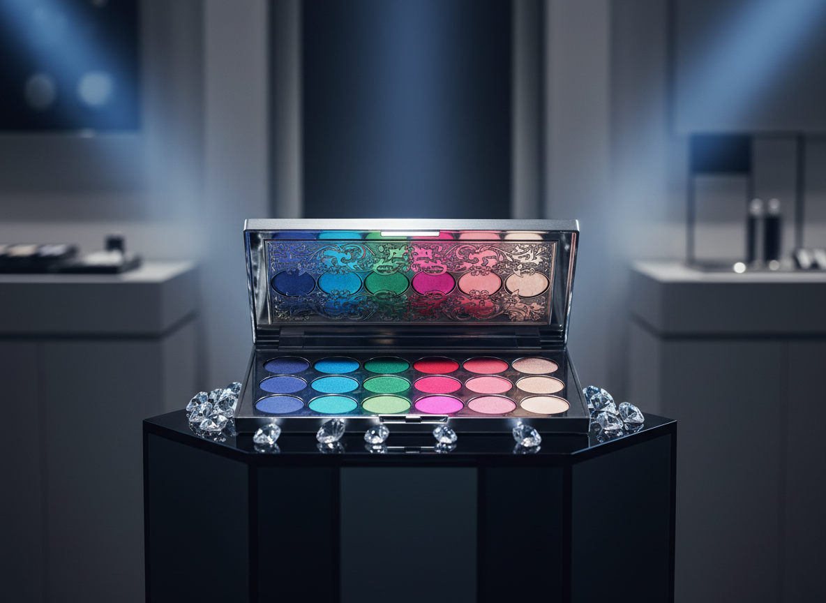 A dramatic showcase of a high-end eyeshadow palette adorned with intricate, metallic-embossed patterns on the lid, open to reveal a spectrum of richly pigmented colors ranging from deep sapphire to soft rose. The palette is positioned on a glossy, jet-black glass pedestal, surrounded by scattered crystal gemstones that sparkle under focused, cool-toned studio spotlights. The store’s interior fades into a moody, soft-focus background featuring sleek, angular display stands. Lighting creates bold highlights on the palette’s lid and shadows that heighten the sense of luxury and glamour. The mood is bold, artistic, and slightly mysterious. The composition is shot from a low, front-facing perspective, using dramatic contrast and symmetrical framing for a high-impact, contemporary visual that underscores the exclusivity of beauty artistry.
