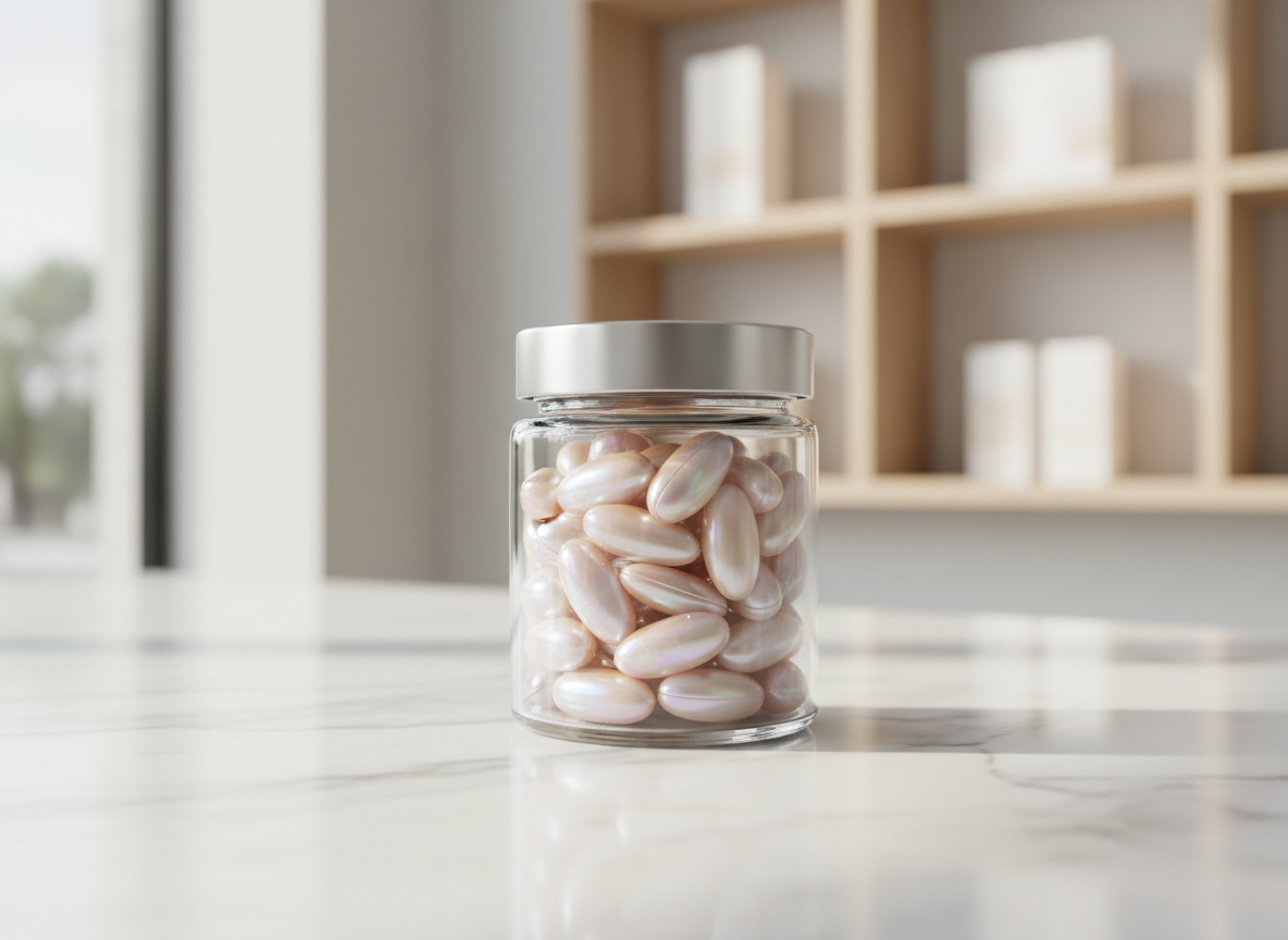 A close-up of a crystal-clear glass jar filled with pearlescent beauty capsules, each capsule reflecting soft pastel shades of pink, gold, and lavender. The jar sits atop a seamless marble countertop, its surface glossy and luxurious. Behind the jar, a minimalist product display shelf with pale wood accents offers a blurred, serene backdrop. Daylight streams in from a large nearby window, washing the scene in gentle natural light that creates luminous highlights and delicate shadows. The atmosphere is calm, pure, and health-focused, suggesting both beauty and wellness. The shot is tightly framed with a shallow depth of field, making the capsules the sole focal point, and the style is clean and modern, reinforcing the supplement’s premium appeal.