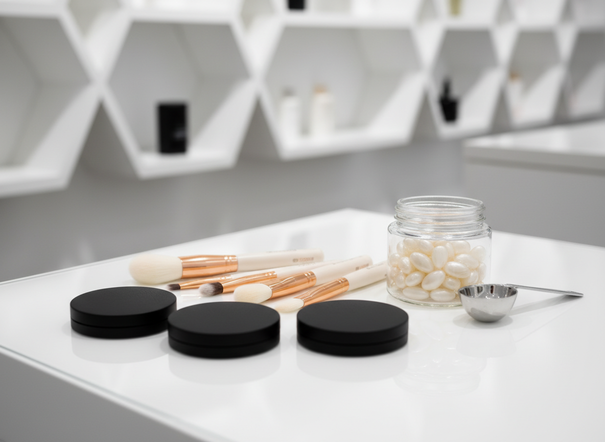A stunning arrangement of sleek, matte black makeup compacts, shimmering rose gold makeup brushes, and a clear glass jar of vitamin-infused beauty supplements, all carefully displayed on a pristine white lacquered display counter. The scene is set within a contemporary beauty store interior with geometric shelving in the soft background, styled with minimal ornamentation for an uncluttered look. Soft, diffuse overhead studio lighting highlights the subtle metallic reflections on the product packaging, creating gentle shadows that define the contours. The mood is sophisticated yet inviting, exuding a sense of luxury and modern elegance. Captured from a slightly elevated, centered angle with crisp focus on the products and a gentle fall-off into a softly blurred background, the composition emphasizes clarity, quality, and a clean, modern style that aligns perfectly with a cutting-edge beauty retailer.